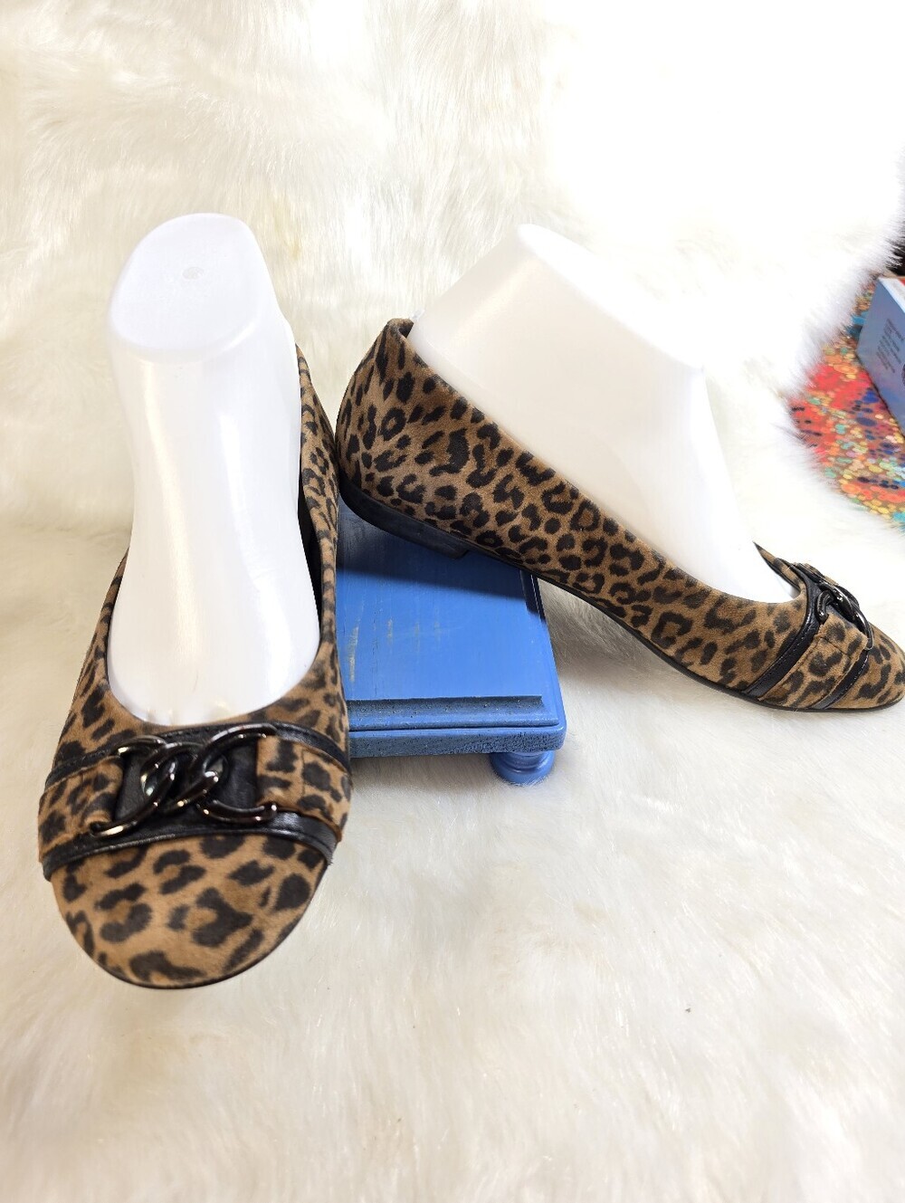 Mephisto Allison Leather Leopard Print Flats with Black Chain Detail